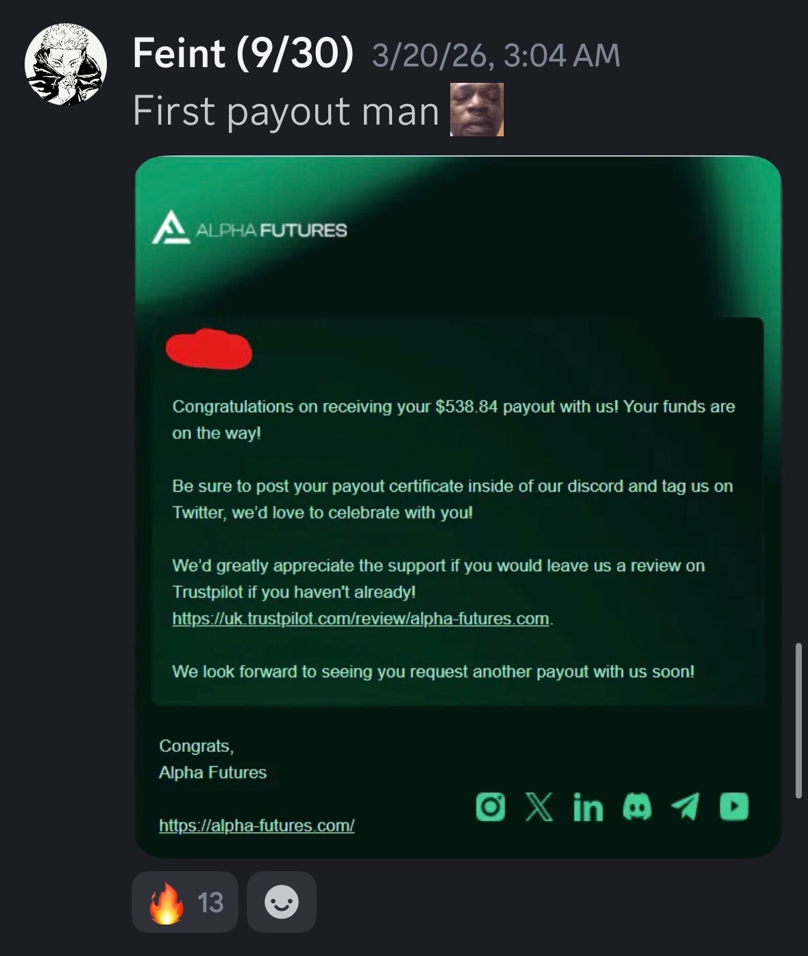 Feint first payout $538.84